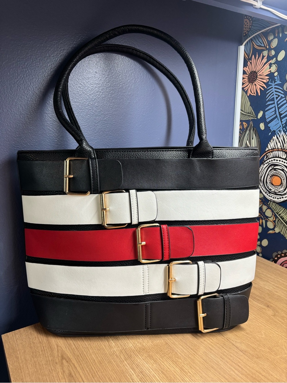 Striped Buckle Panel Tote in Black, White & Red